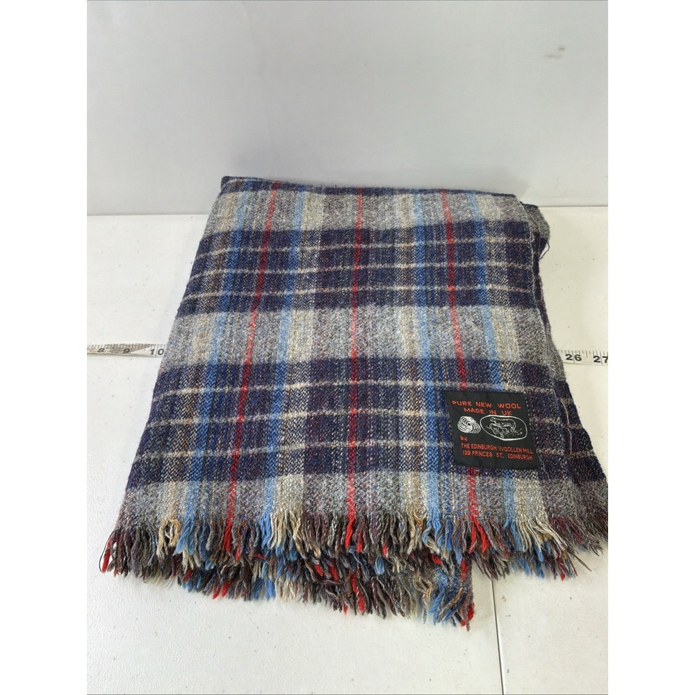 Vtg EDINBURGH WOOLEN MILL Pure Wool Tartan Throw Blanket, 60x45 Blue Plaid
